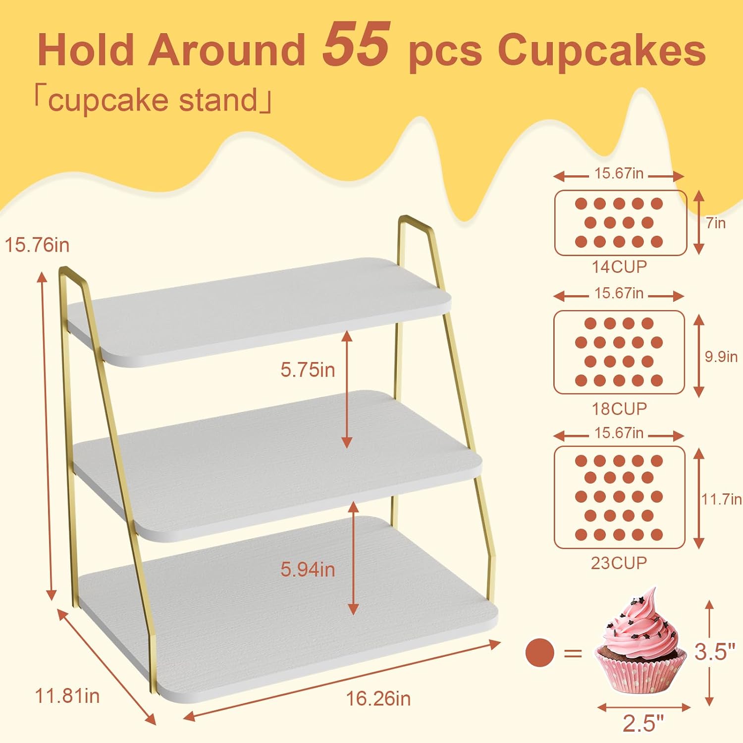 Cupcake Stand, 3-Tier Dessert Stand for 55 Cupcakes, Wood & Metal Tower Display Premium Holder Dessert Tree Tower for