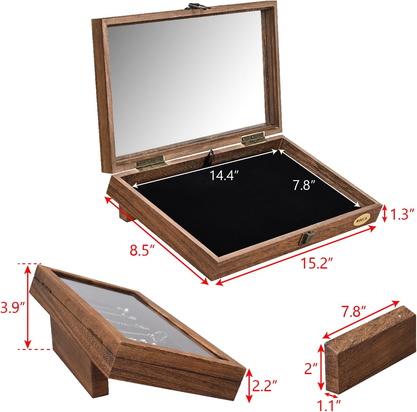 Wooden Jewelry Display Case with Tempered Glass Top, Velvet Pad | Brown wood display case with tempered-glass top