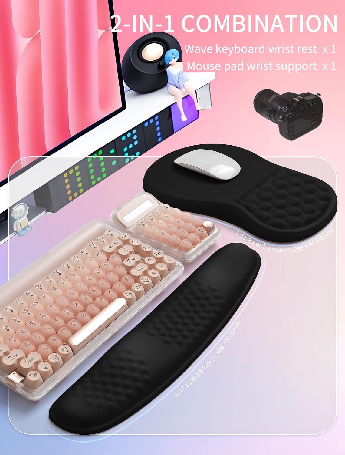 2in1 Combination, Wave Keyboard Wrist Rest and Ergonomic Curvature Mouse Pad Wrist Support for Relieve Wrist Pain