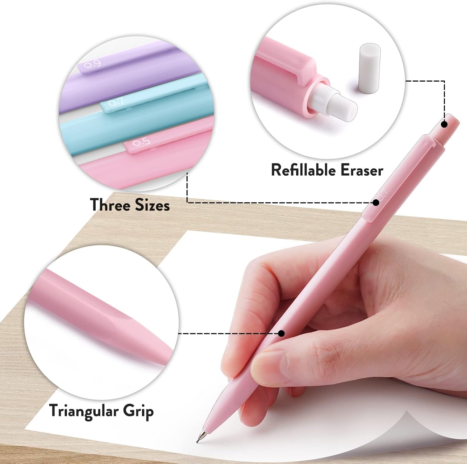 Cute Mechanical Pencil Set, 6-Pack with Case | 0.5/0.7/0.9mm with 360 Leads, 3 Erasers, 9 Eraser Refills, Back to