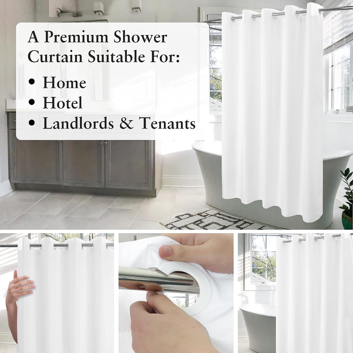 No Hook Hotel Cloth Shower Curtain White, Standard Size | Waterproof Microfiber, Bottom Magnets, Soft Washable Fabric
