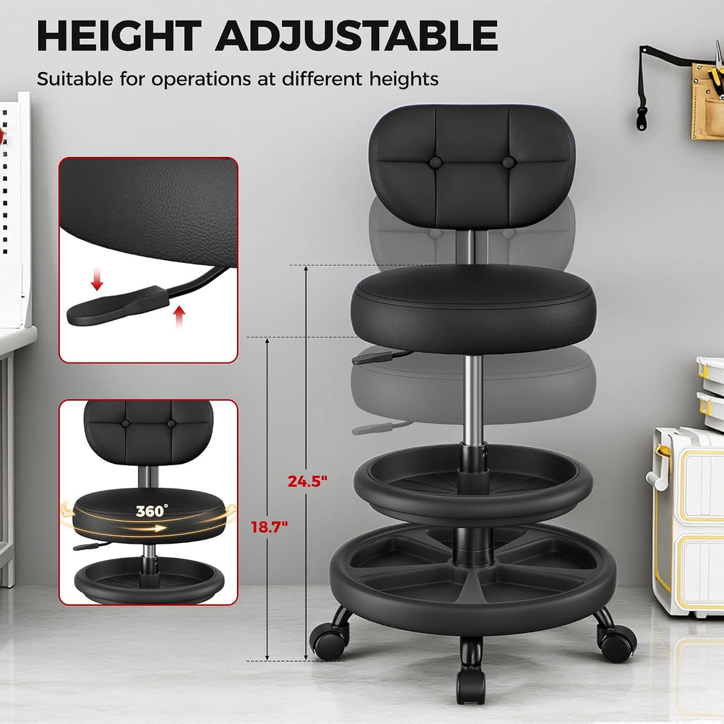 Rolling Shop Stool with Wheels, Adjustable Height Heavy Duty Garage Stool with Double Storage Tray, Garage Mechanic
