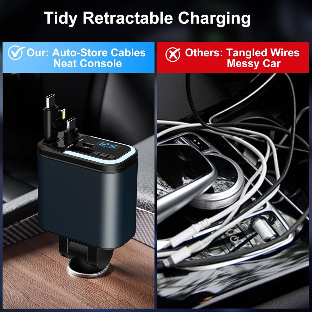 5-in-1 120W 30-Minutes Fast Flash Charging Retractable Car Charger, Wireless Bluetooth FM Transmitter, Type-C+USB-A