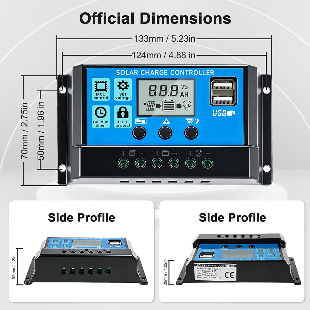 30A 12V/24V PWM Solar Charge Controller LCD Display Dual USB Timer Function | Lead-Acid & Lithium Batteries Solar