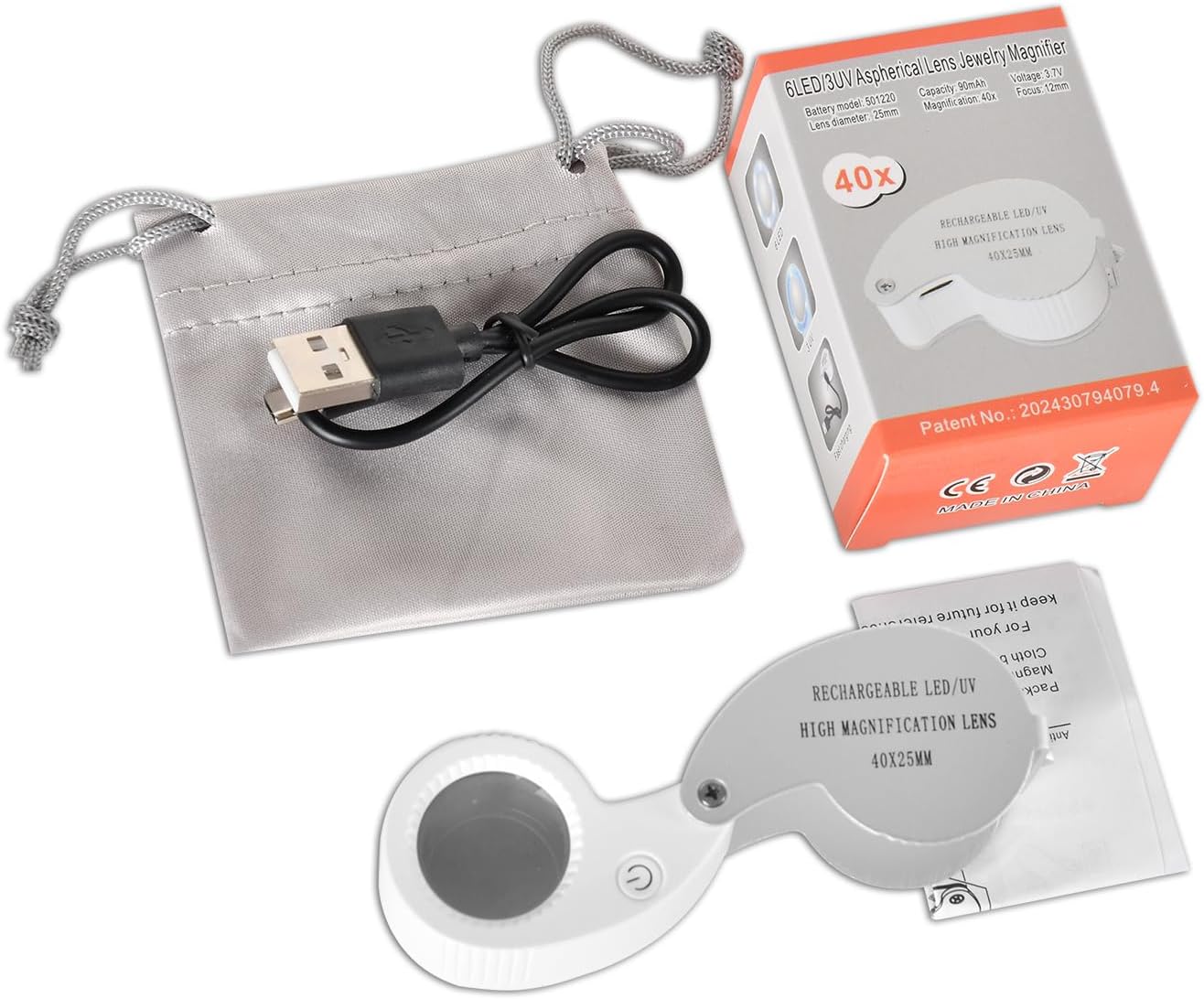 Pocket Jewelry Loupe Magnifier Rechargeable with 6 LED and 3UV Lights, Small Metal Magnifying Glass 25mm Optical Lens