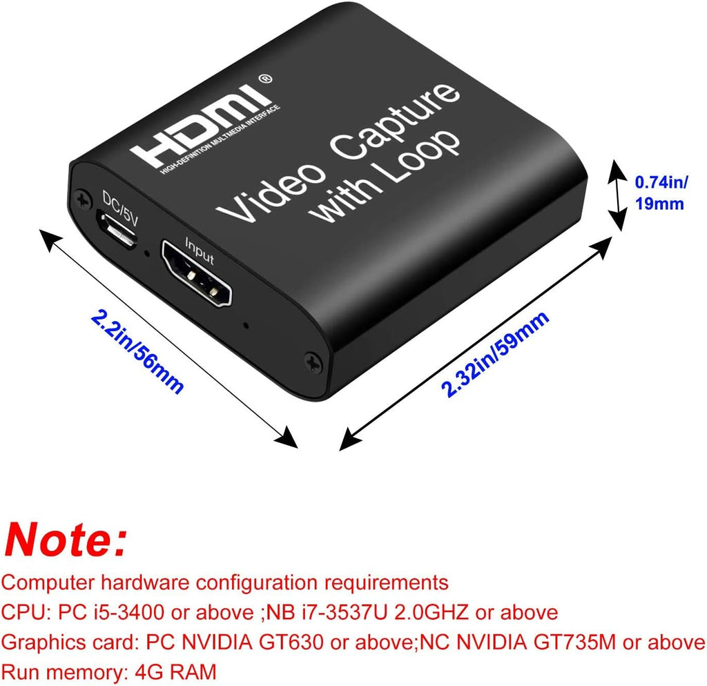 Video Capture Card 4K HDMI Device with Loop Out, Full HD 1080P Game Capture Video Recorder for Live Streaming