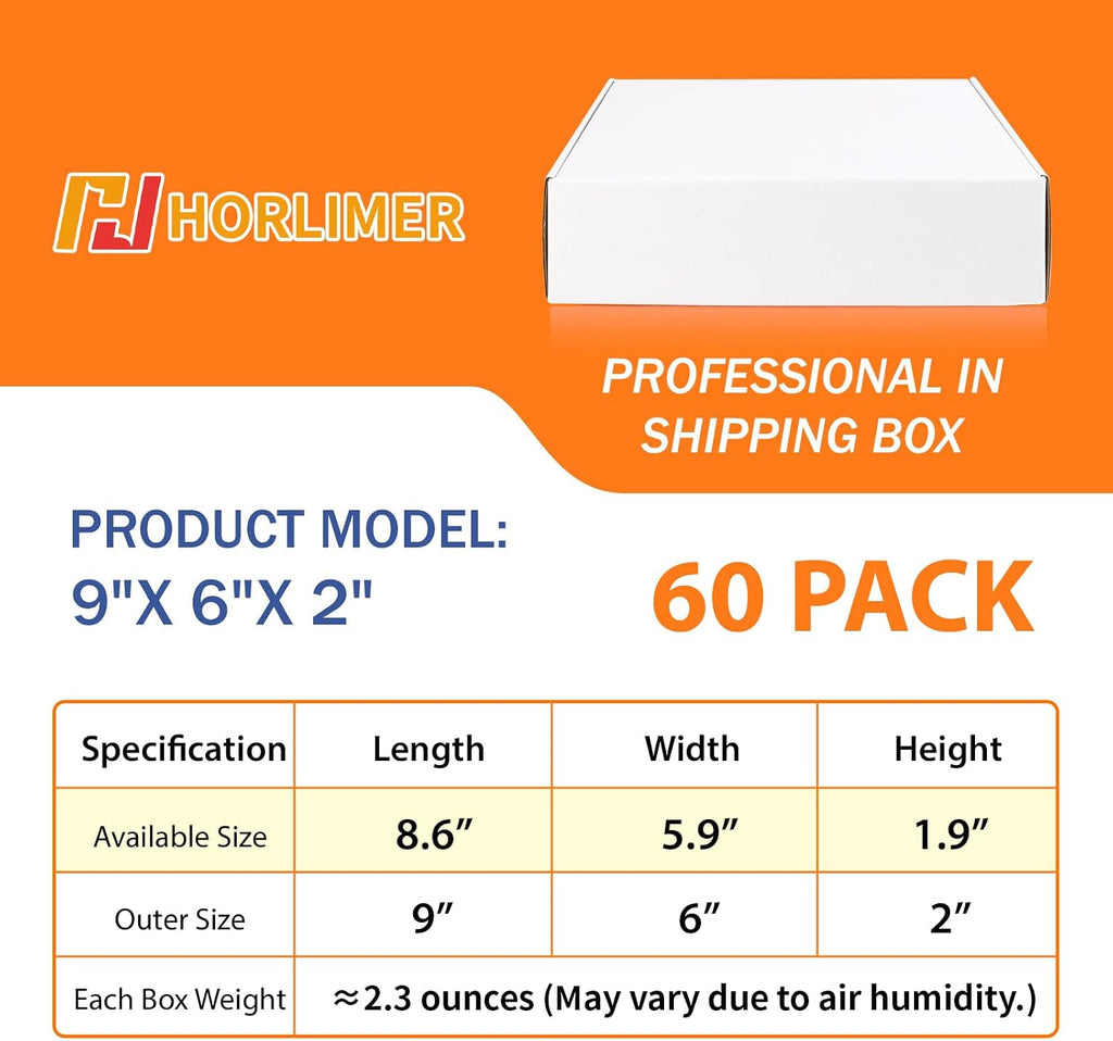 9x6x2 Shipping Boxes Set of 60, White Corrugated Cardboard Mailer Box for Packing Small Business
