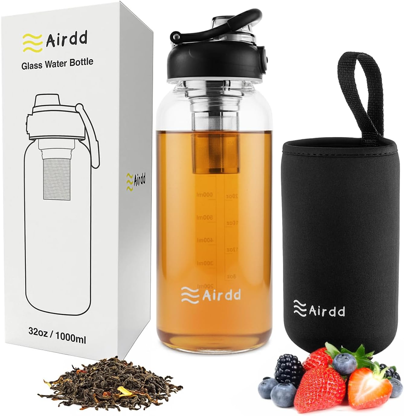 Glass Water Bottle with Stainless Steel Tea Infuser 32oz