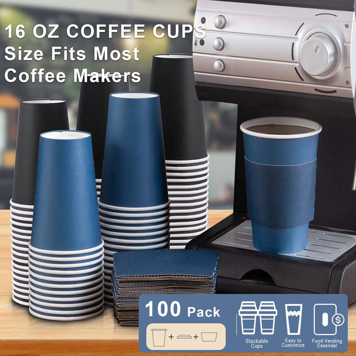 100 Pack 16 oz Coffee Cups with Lids, Disposable Hot Paper Coffee Cups