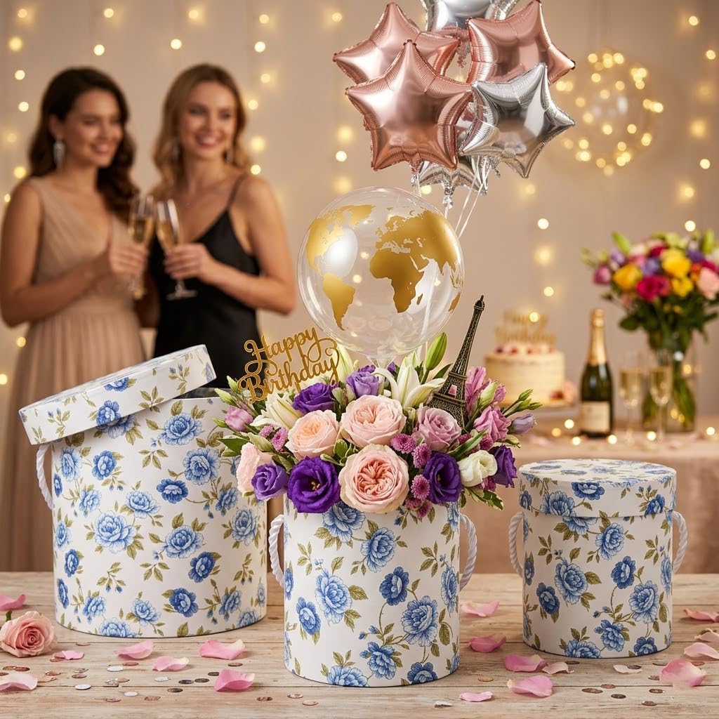 White and Blue Gift Box with Lids Set of 3 Round Nesting Gift Boxes for Presents 3 Assorted Sizes Flowers