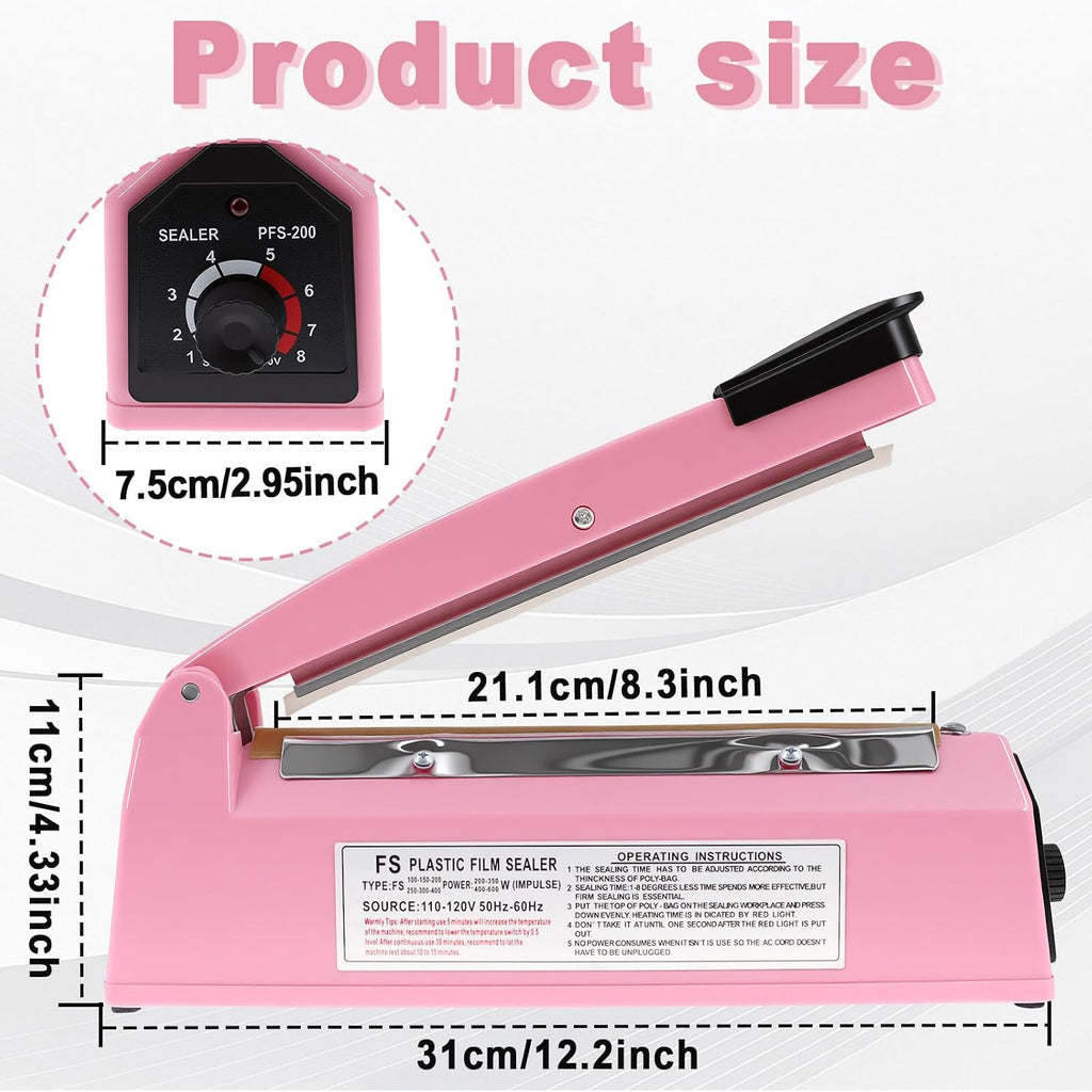 8 Inch Impulse Heat Sealer Machine with Extra Replace Element Grip, Pink