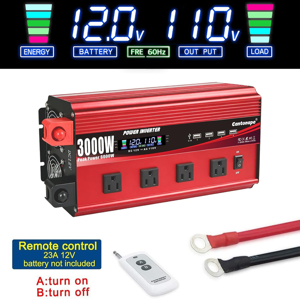 3000W Power Inverter 12V to 110V/120V DC to AC with LCD Display | Remote Controller 4 x AC Outlets and 4 x 3.1A USB