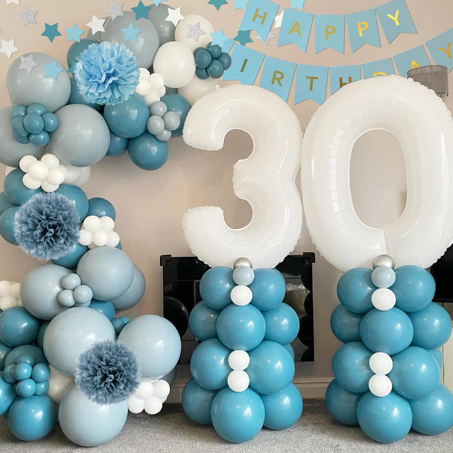 Blue Birthday Decorations - Blue Party Decor Balloons with Happy Birthday Banner Fringe Curtain Background Blue Pom