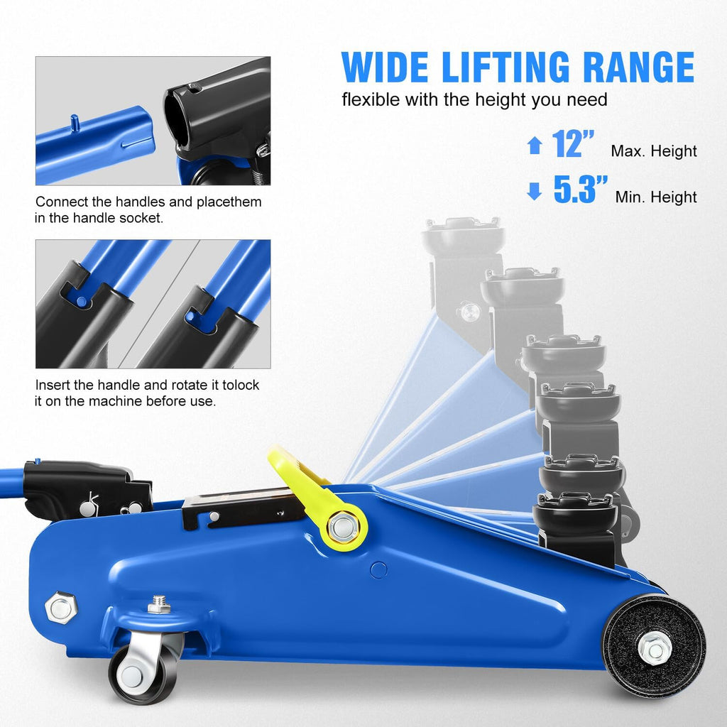 1.5 Ton Car Floor Jack Low Profile Hydraulic Trolley Service/Floor Jack, 1.5T / 3000 lbs Capacity, Lifting Range 5.3