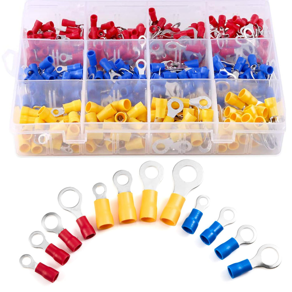 210pcs Insulated Ring Terminals Kit for 22-16GA, 16-14, 12-10AWG | Eyelet #8, #10, 1/4", 5/16" PVC Wire Connector