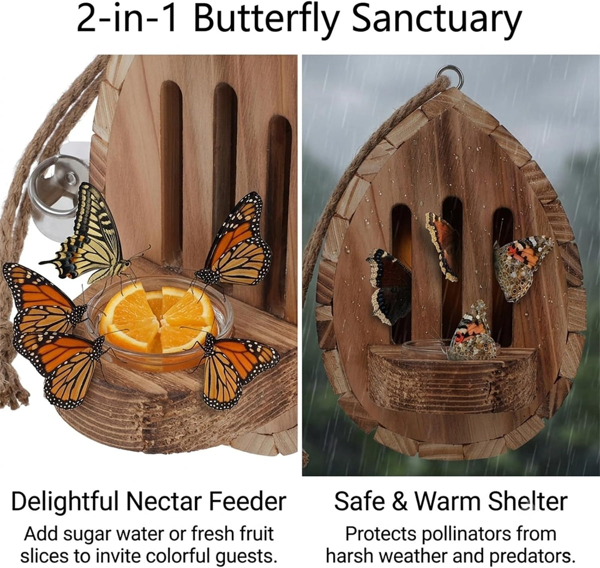 Hangable Teardrop Butterfly House for Garden Wooden Butterfly House and Feeder, Butterfly Houses for Outside, for