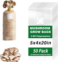 Mushroom Grow Bags, 50 Pack Mushroom Spawn Bags, 5" x 4" x 20", 6 Mil Thick Durable,Tear Resistant, 0.2 Micron