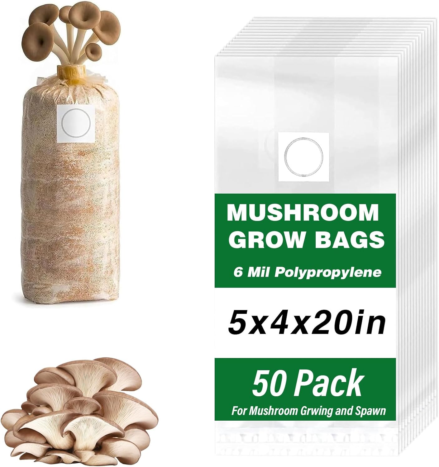 Mushroom Grow Bags, 50 Pack Mushroom Spawn Bags, 5" x 4" x 20", 6 Mil Thick Durable,Tear Resistant, 0.2 Micron