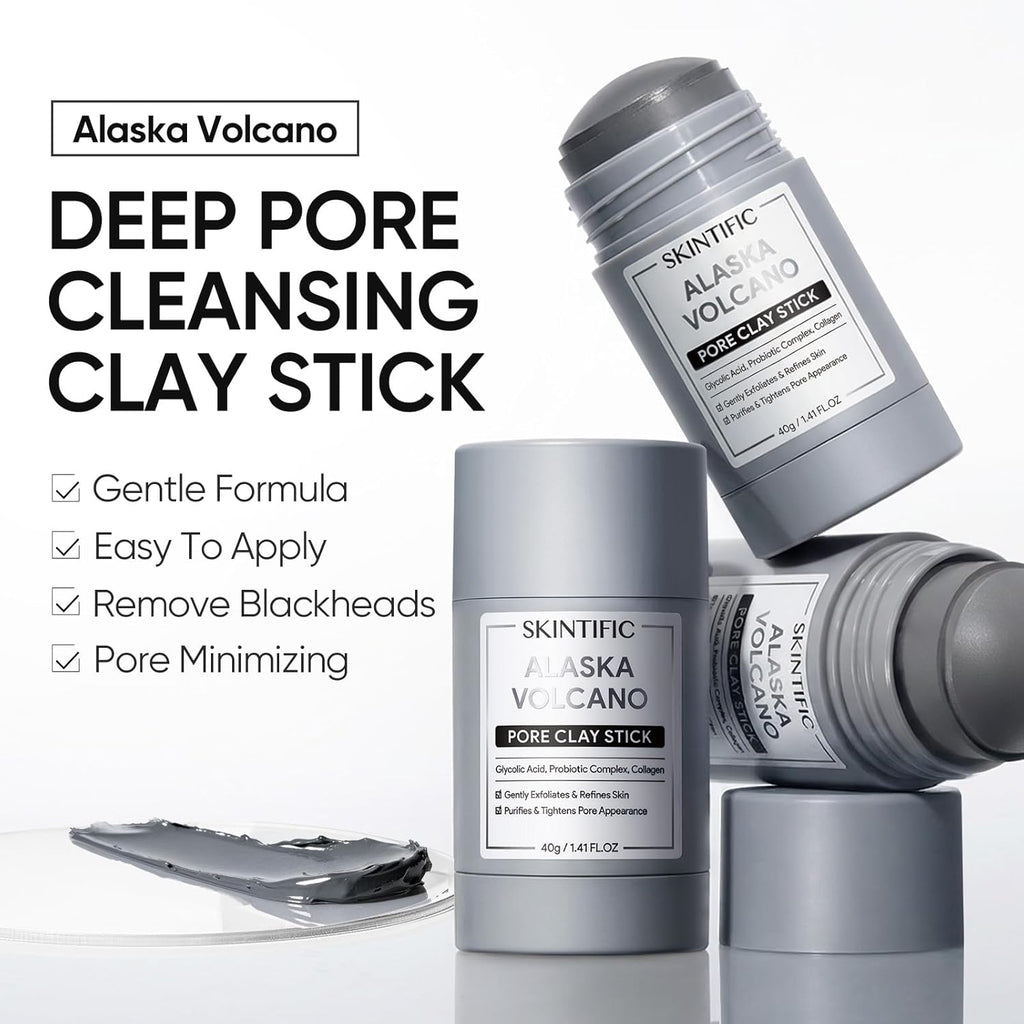 Deep Pore Cleansing Blackhead Remover Face Mask Stick, Mud Mask with Natural Alaska Volcano Clay, Gentle Exfoliating