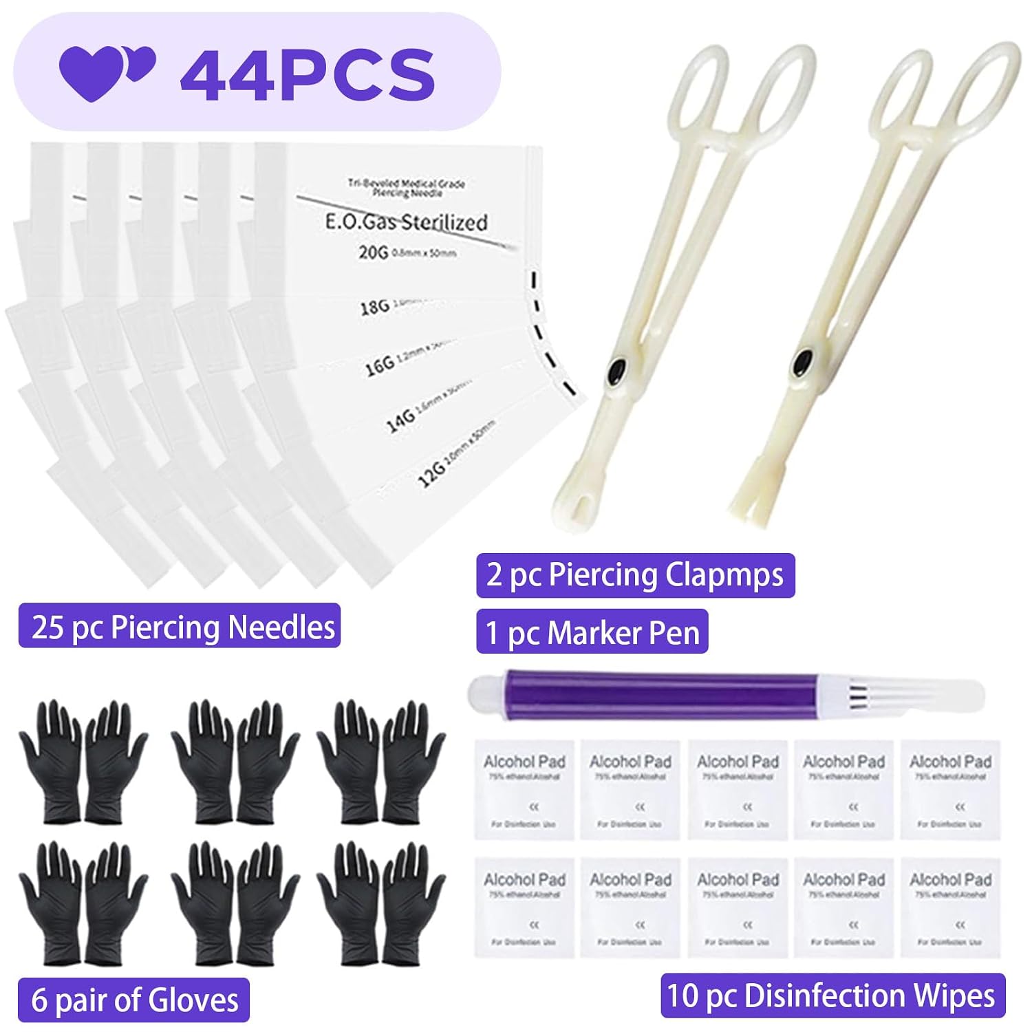 Piercing Kit 44pcs - Usiriy Piercing Needle Kit with 20G 18G 16G 14G 12G