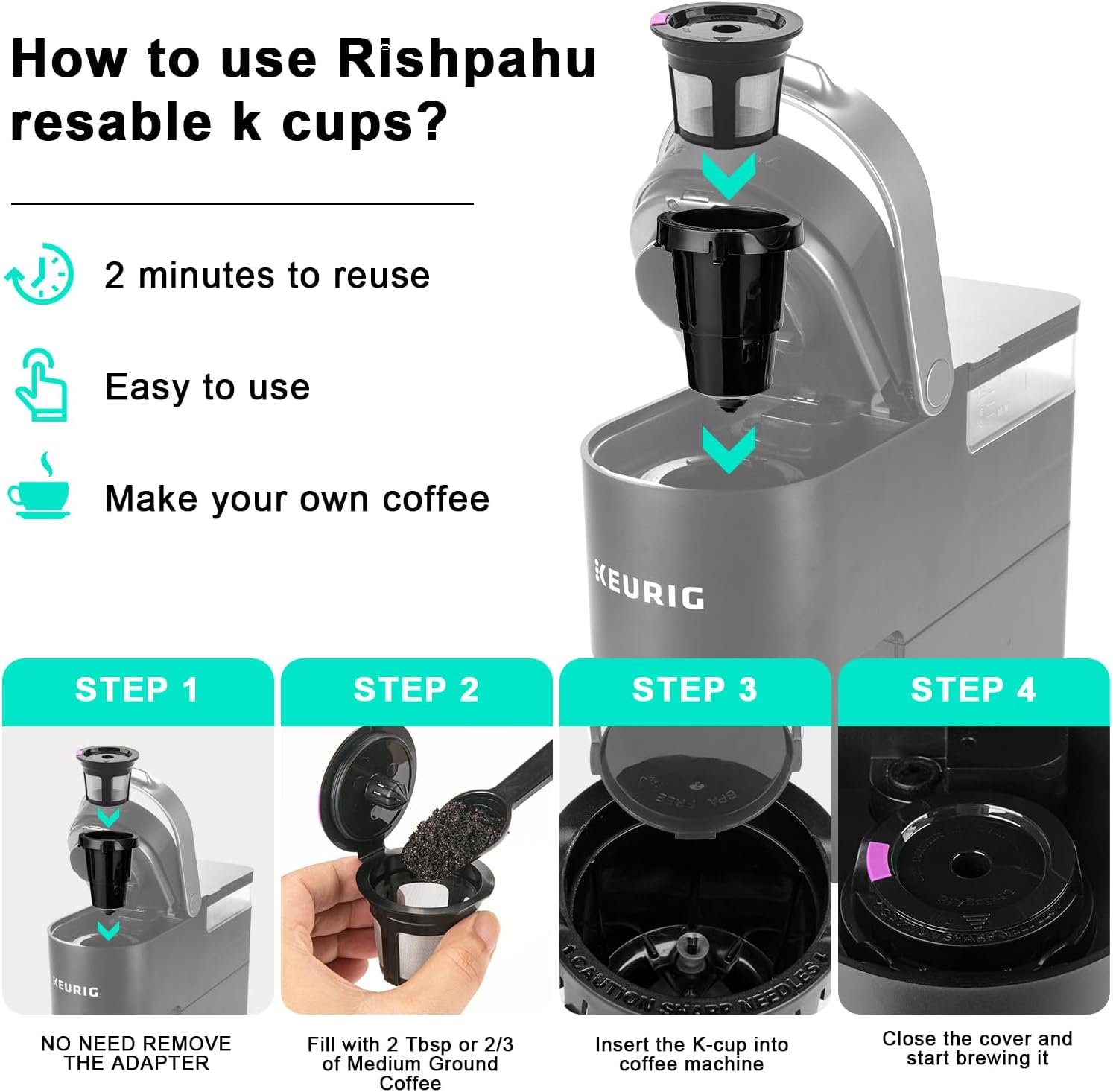Reusable K Cups, 4 Pack Reusable Coffee Pods with Coffee Spoon, Refillable K Cups Coffee Filters with Food Grade