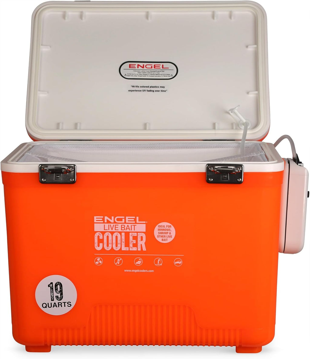 Live Bait Cooler Box with 2nd Gen 2-Speed Aerator Pump - Portable Fishing Station & Minnow Bucket for Shrimp & Other