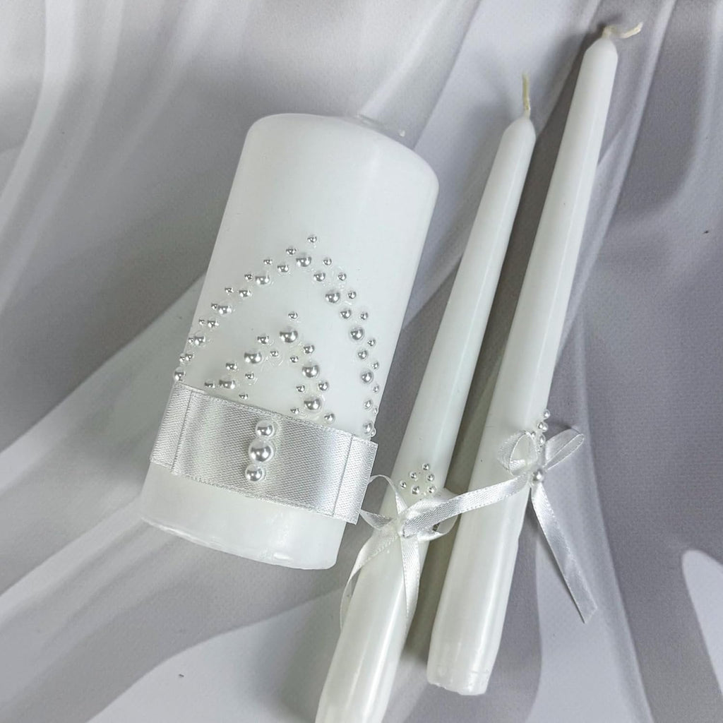 Pearl Promise Unity Candle Set for Wedding Ceremony Handmade White 6" Pillar & 2 Taper 10" Candles with Pearl Ribbon