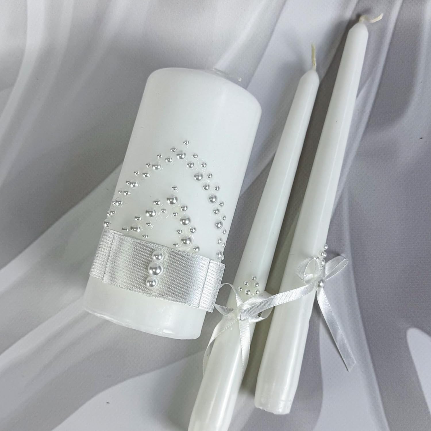 Pearl Promise Unity Candle Set for Wedding Ceremony Handmade White 6" Pillar & 2 Taper 10" Candles with Pearl Ribbon