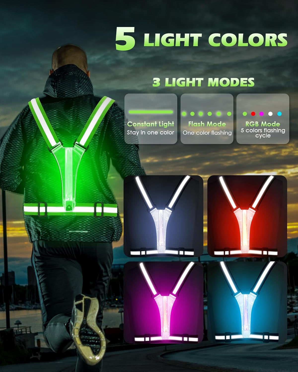 LED Reflective Vest Running Gear, 5 Lights Colors High Visibility Reflective Running Gear Rechargeable Light Up