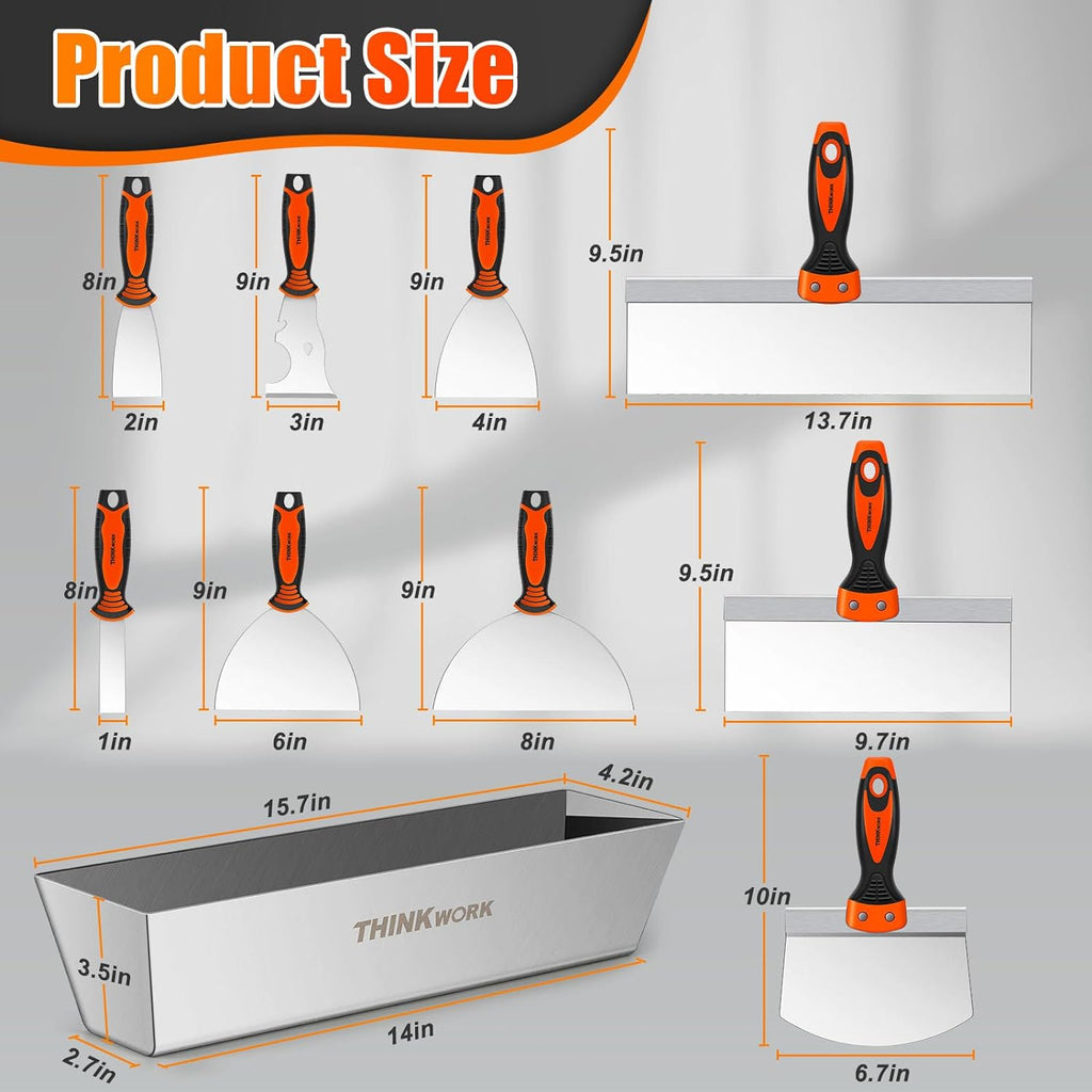 Drywall Knife Set, 10Pcs Drywall Tools Kit | Putty & Taping Knives, Painter Scraper, 14" Drywall Mud Pan and Scoop