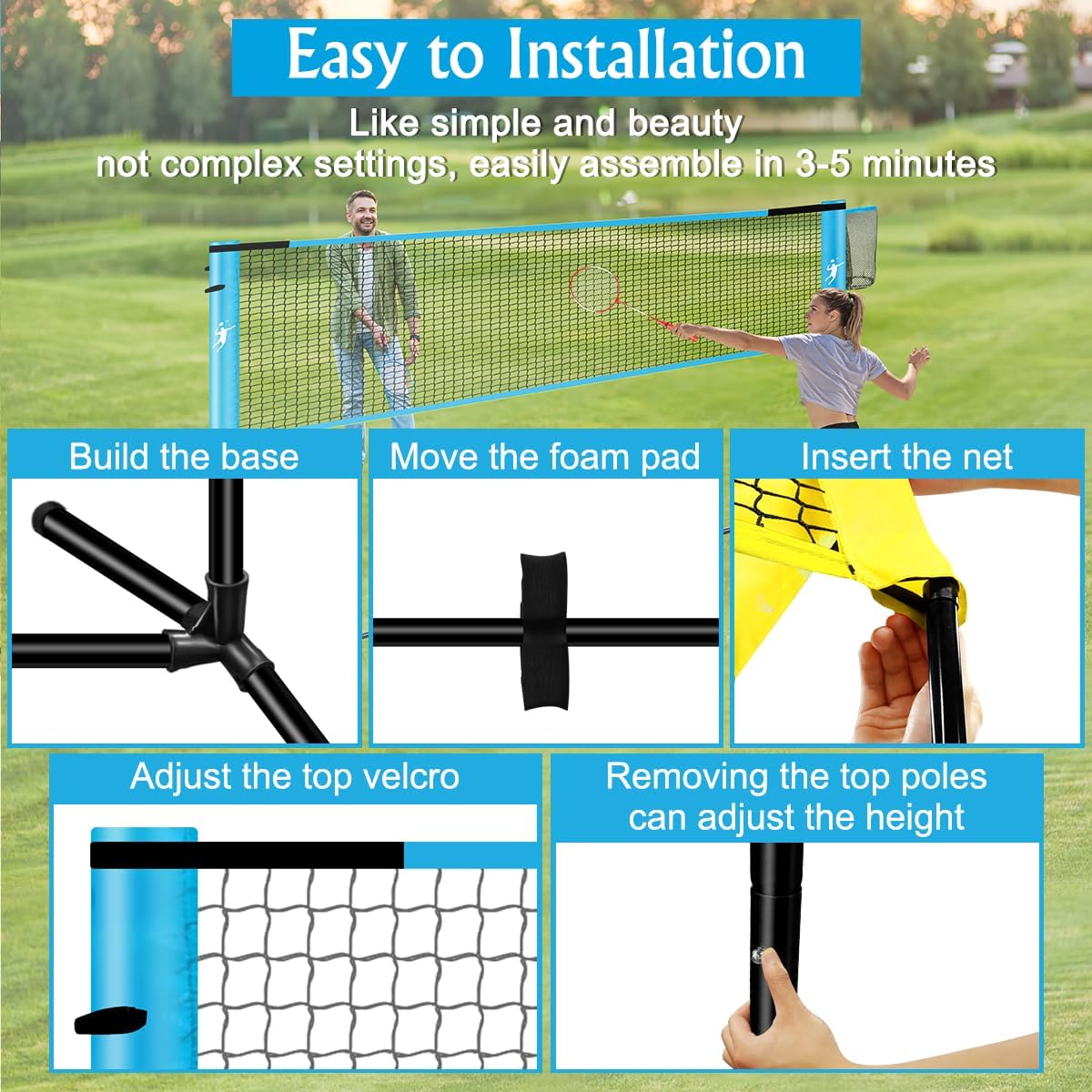 Pickleball Badminton Net Set for Backyards, All-in-One Portable Volleyball Combo Set with Adjustable Net, Volleyball