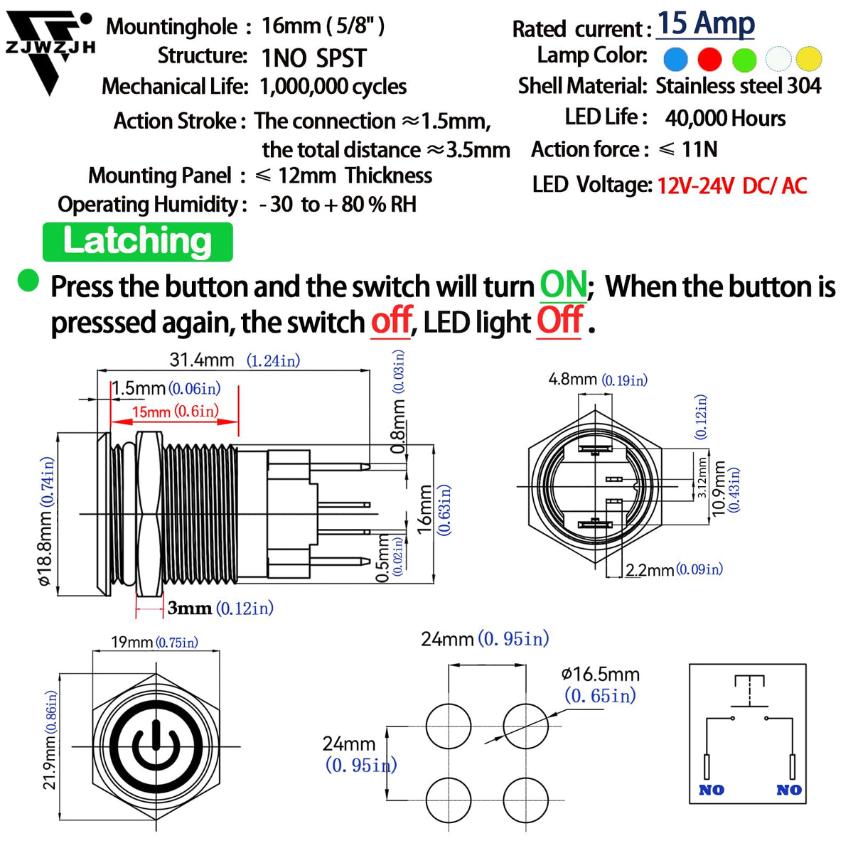UL Listed 15Amp 16mm Latching Push Button Switch 12V-24VDC IP67 Waterproof; SPST 1NO, with LED Angel Eye Light;