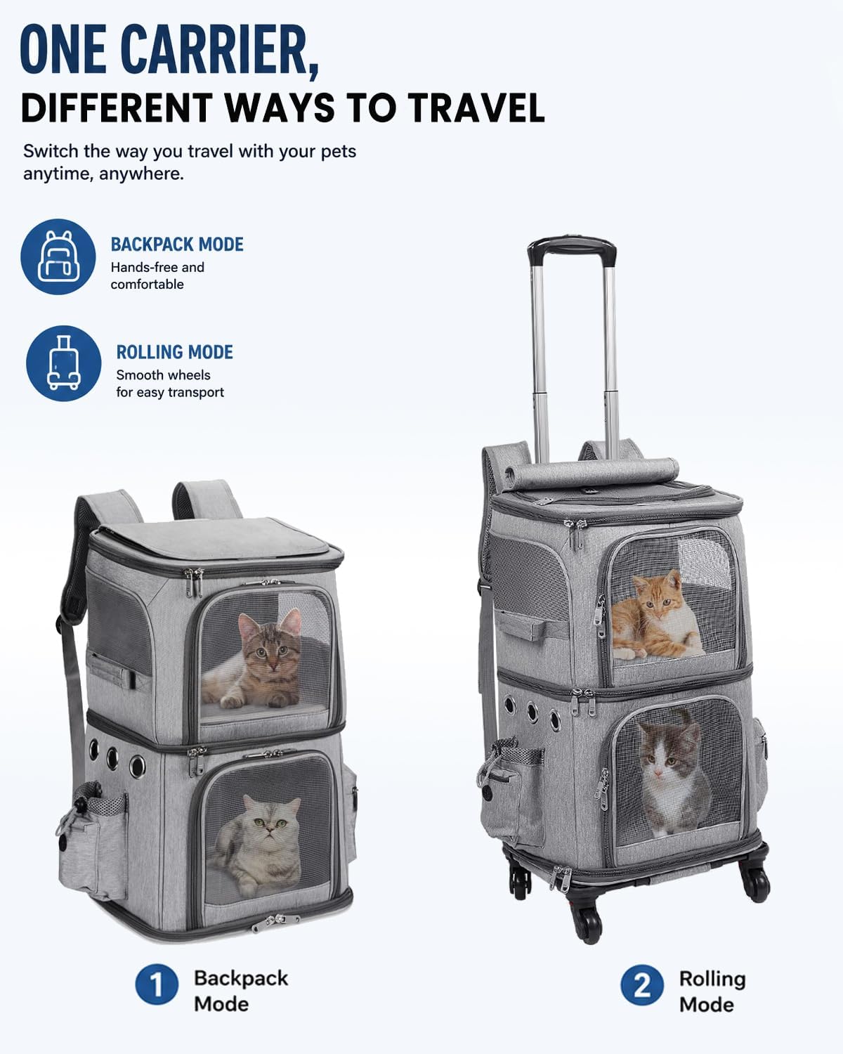 Double-Compartment Cat Carrier Backpack with Wheels for Two Pets