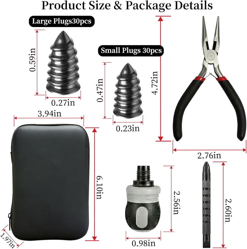 Tire Repair Kit, 60PCS Rubber Tire Repair Plugs, 3-in-1 Ratchet Tool | With Screwdriver, Needle Nose Pliers & EVA