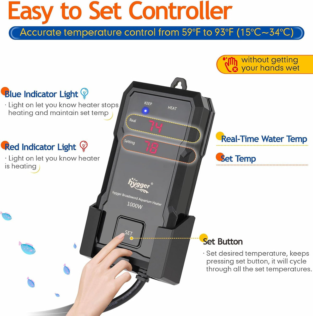 1000W Aquarium Heater with Controller, Adjustable & Submersible Fish Tank Heater with Digital Display Safety Triple