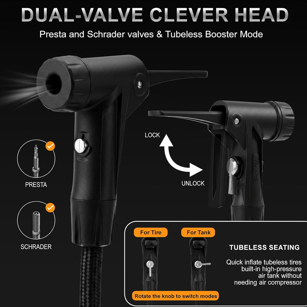 Tubeless Booster Bike Floor Pump: 200 PSI Digital Gauge Air Tank