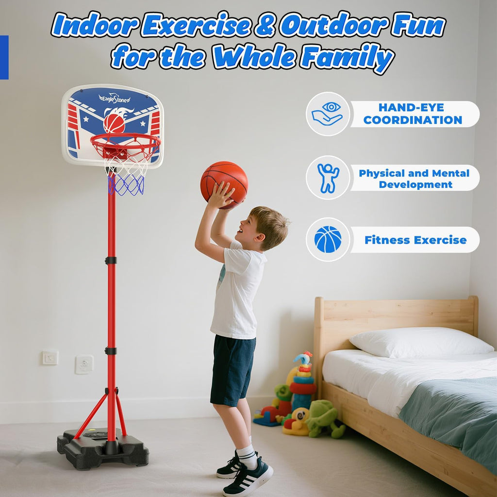 Kids Adjustable Height Basketball Hoop with Stand Indoor Outdoor | 3 Balls,Extra Sandbag for Stability,Backyard