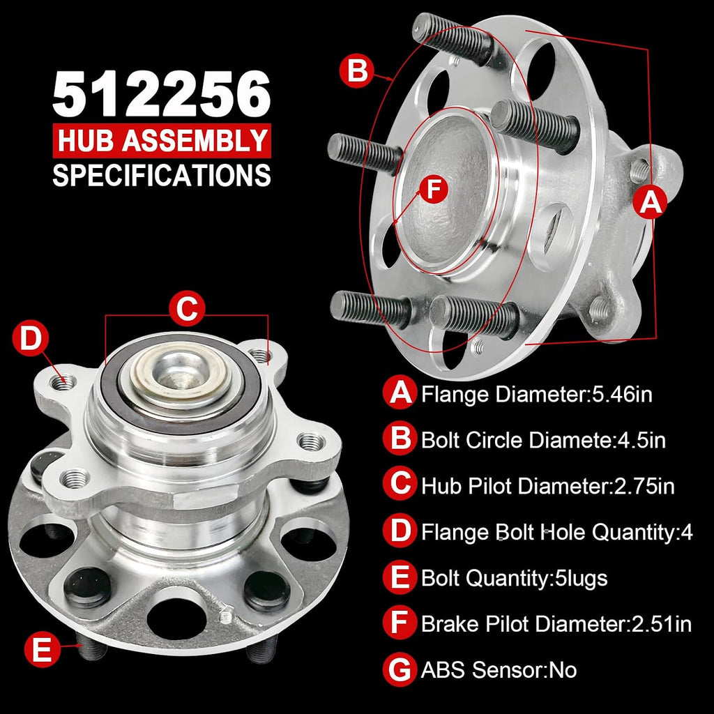 Pair 512256 Rear Wheel Bearing Hub Assembly Compatible with Honda Civic EX 1.8L 2006-2011, Civic EX-L 1.8L 2009-2010, Civic Si 2.0L 2006-2011, FWD Model Only, 5 Lugs