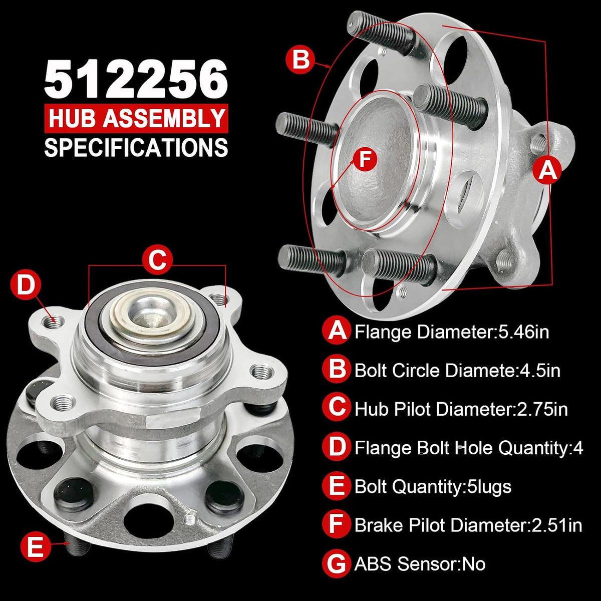 Pair 512256 Rear Wheel Bearing Hub Assembly Compatible with Honda Civic EX 1.8L 2006-2011, Civic EX-L 1.8L 2009-2010, Civic Si 2.0L 2006-2011, FWD Model Only, 5 Lugs