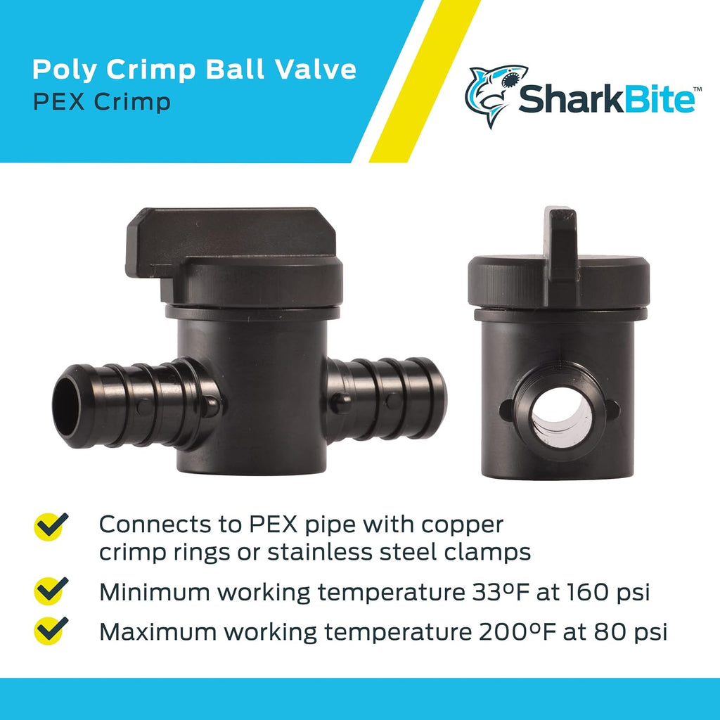 SharkBite 1/2 Inch Poly Crimp Ball Valve, Pack of 2, PEX Pipe, PE-RT, 24606Z2