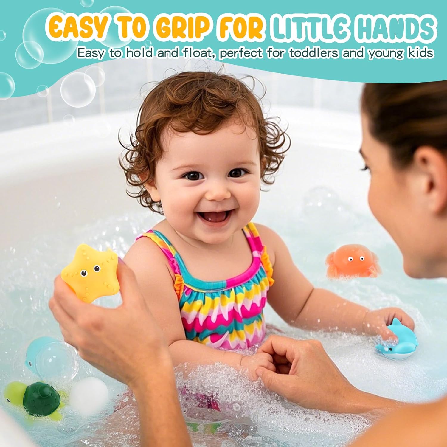 Bath Toys 6 Pack No Hole Baby Bathtub Toys Soft Squeezable & Float on Water Easy-Grip Toddler Bath Toy Set for Kids