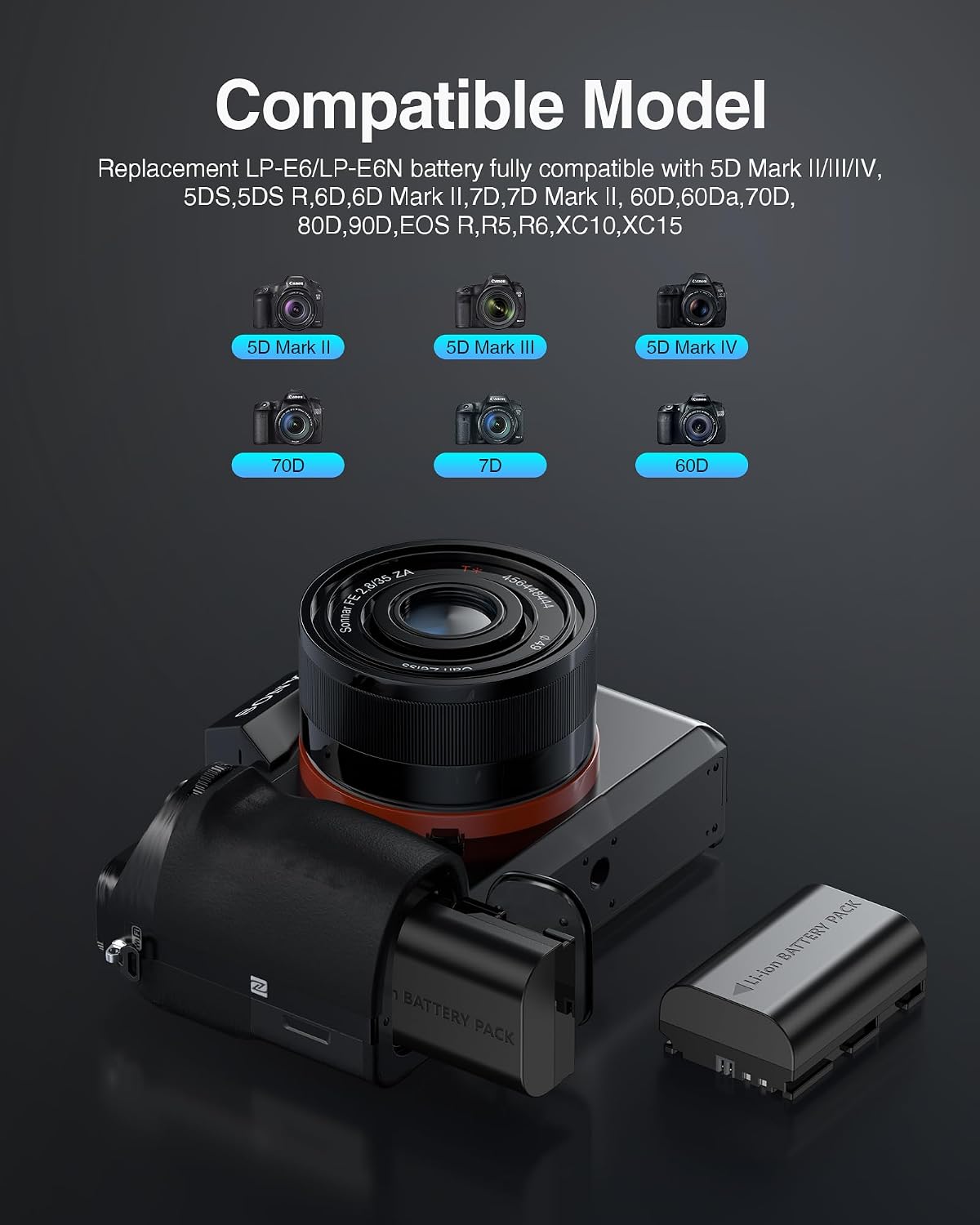 LP-E6 LP-E6N Batteries and Dual Channel Charger for Canon EOS 5D Mark II III IV,5DS,5DS R,6D,6D Mark II,7D, 7D Mark