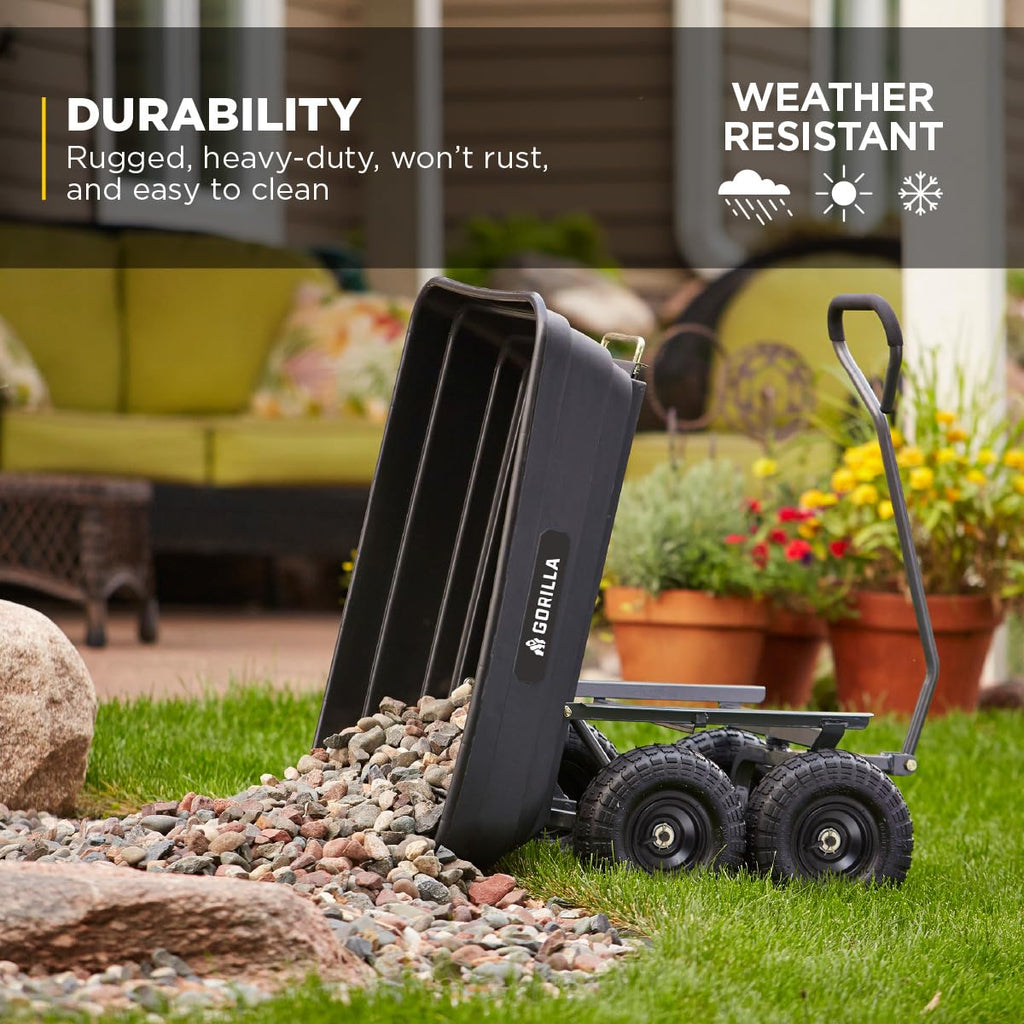 Poly Garden Dump Cart, 4 Cu Ft Tub, 600 lb Haul Capacity, Black – Heavy-Duty Utility Wagon with Quick-Release Dumping