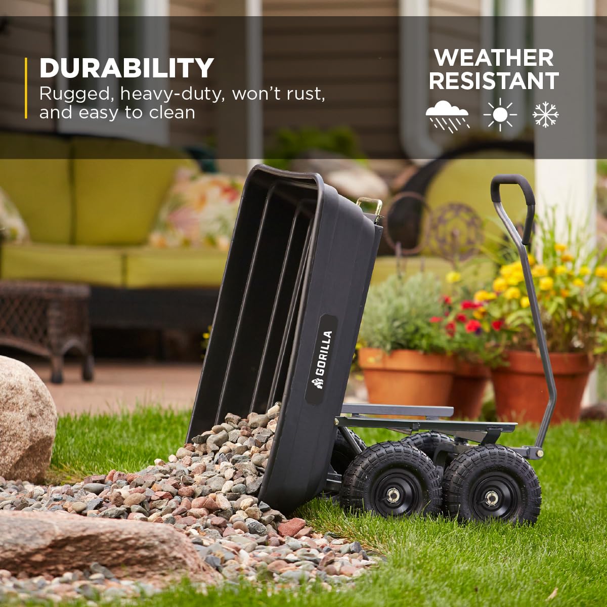 Poly Garden Dump Cart, 4 Cu Ft Tub, 600 lb Haul Capacity, Black – Heavy-Duty Utility Wagon with Quick-Release Dumping