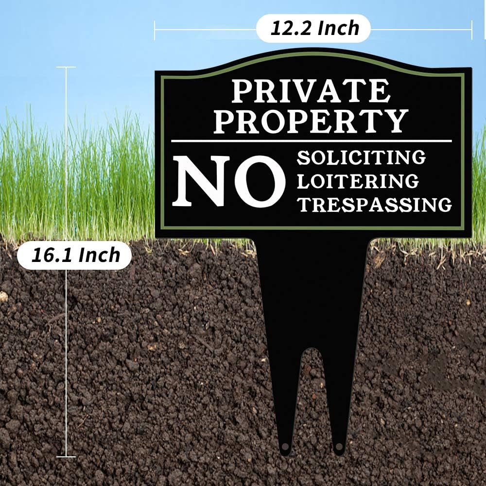Private Property No Trespassing, No Soliciting and No Loitering Signs with Stake, 16x12.5 Inch Rust Free Metal Yard