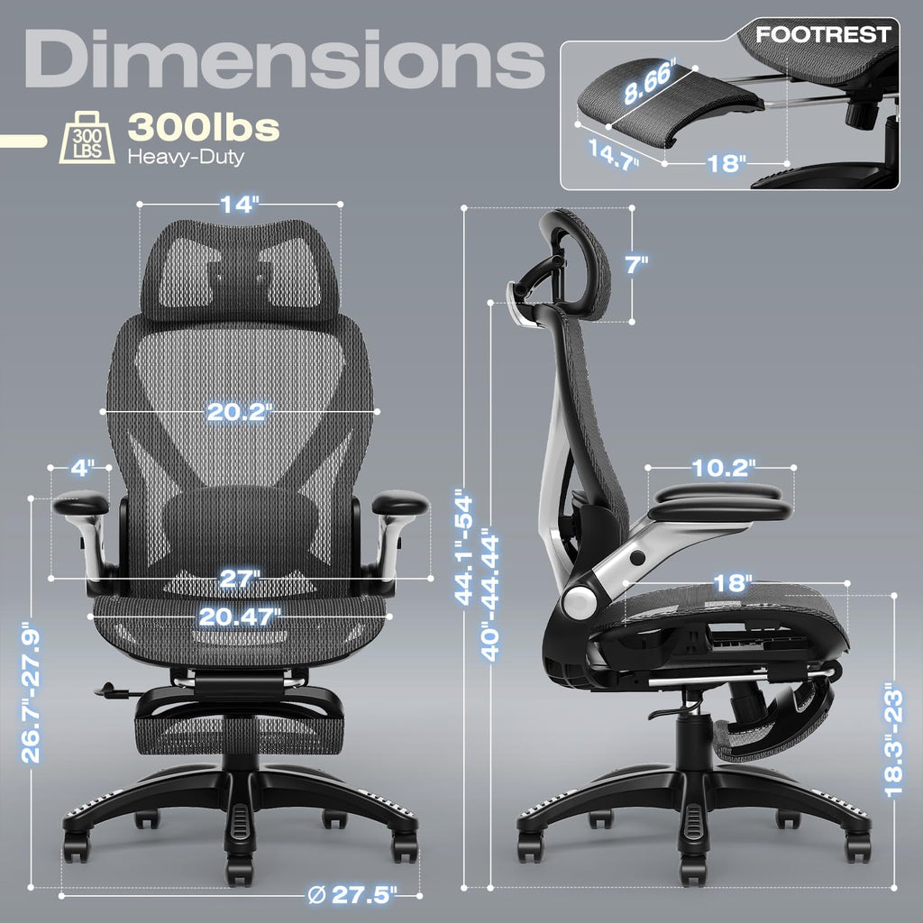 X100 Ergonomic Mesh Office Chair with Footrest, Big and Tall Hone Desk Chair with 5D Flip-Up Arms, Adjustable 3D