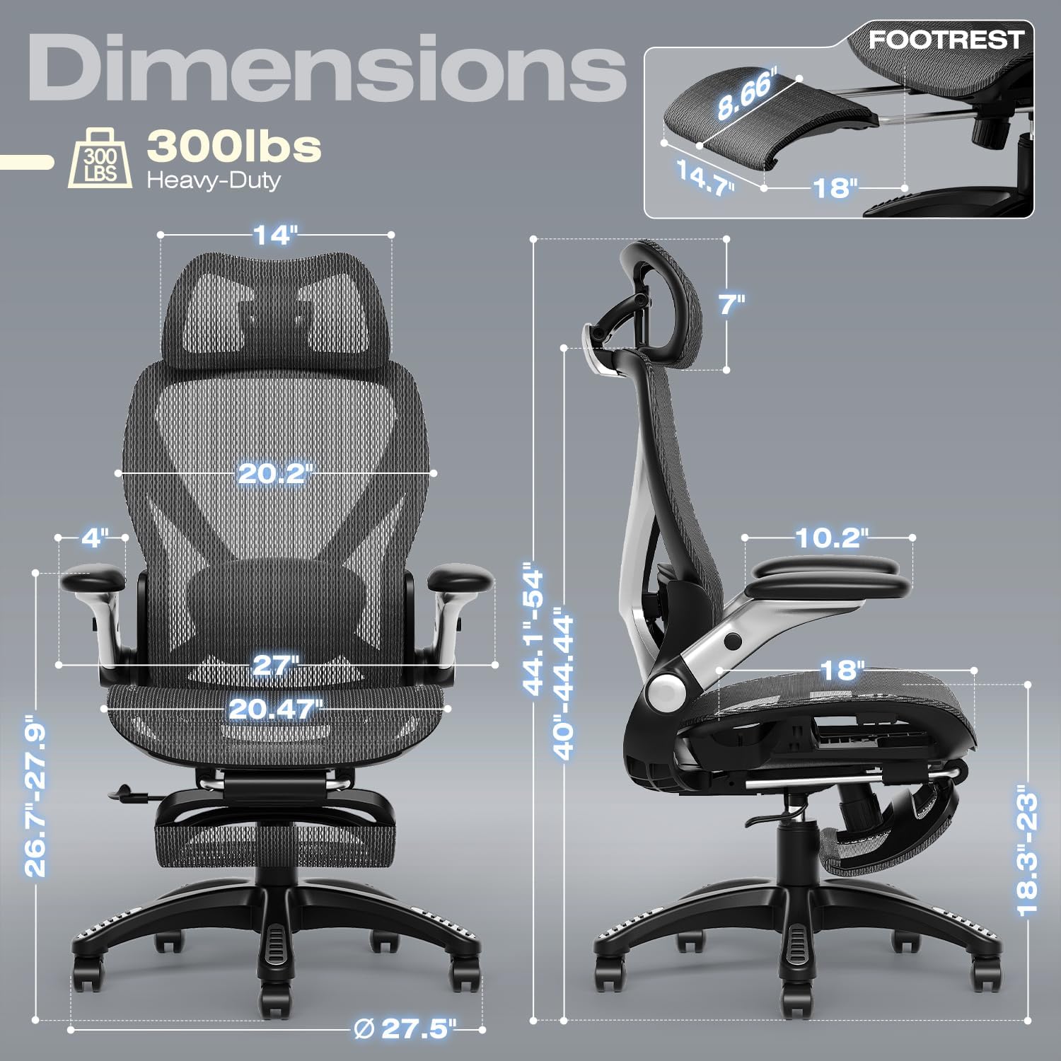 X100 Ergonomic Mesh Office Chair with Footrest, Big and Tall Hone Desk Chair with 5D Flip-Up Arms, Adjustable 3D