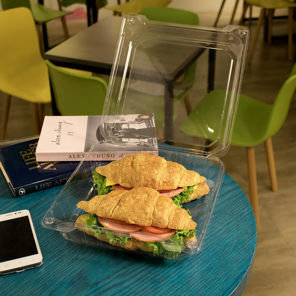 Clamshell Take Out Food Containers [9.3"x8.6" - 200 ct] Durable, Stackable, Crack-Resistant To Go Boxes | Translucent
