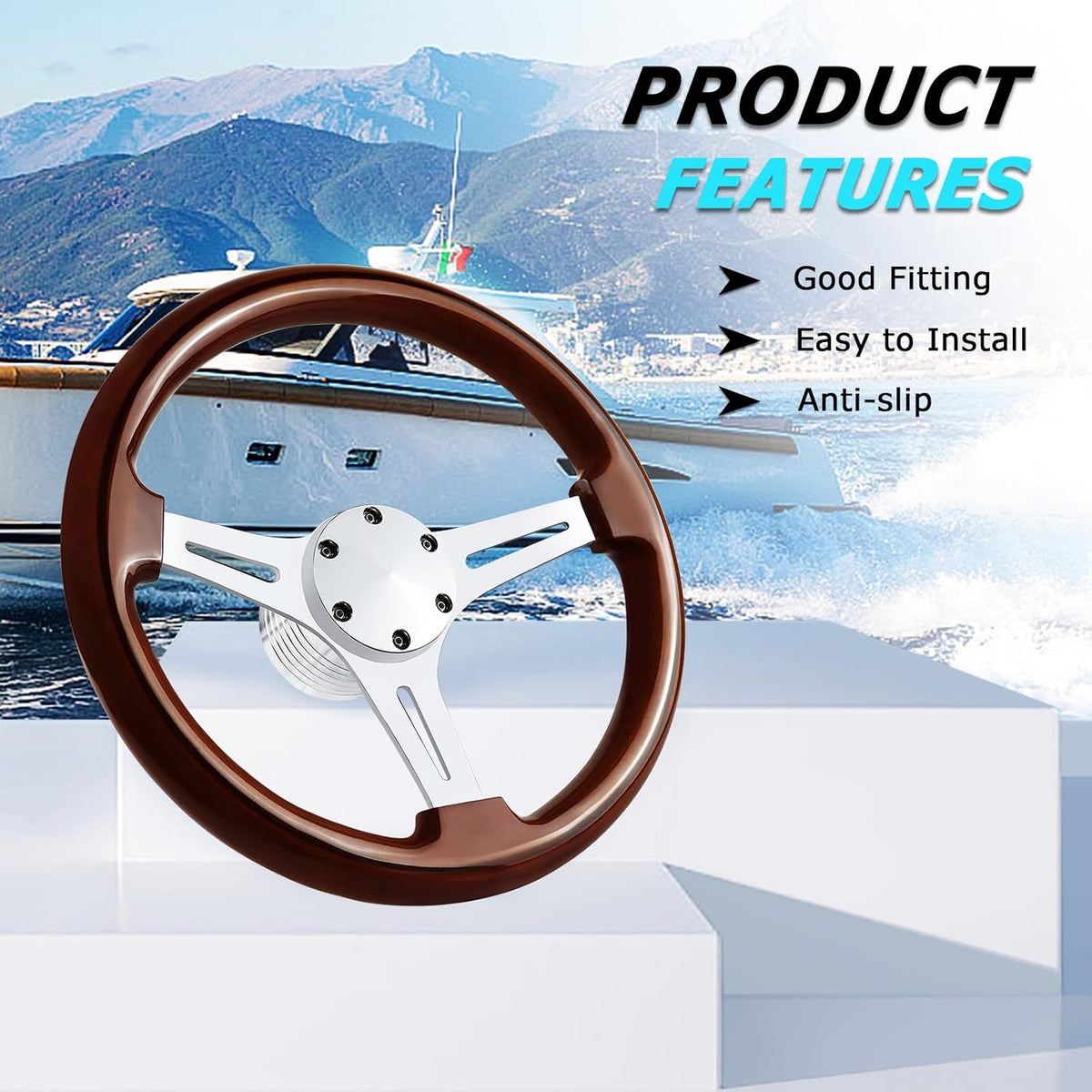 13.8" Boat Steering Wheel with 3/4" Tapered Shaft, 6 bolts Wood Grain Classic Nostalgia Boat Steering Wheel for Seastar and Verad, for Marine Boats, Yacht,Vessels,Pontoon Marine-Mirrored-silver