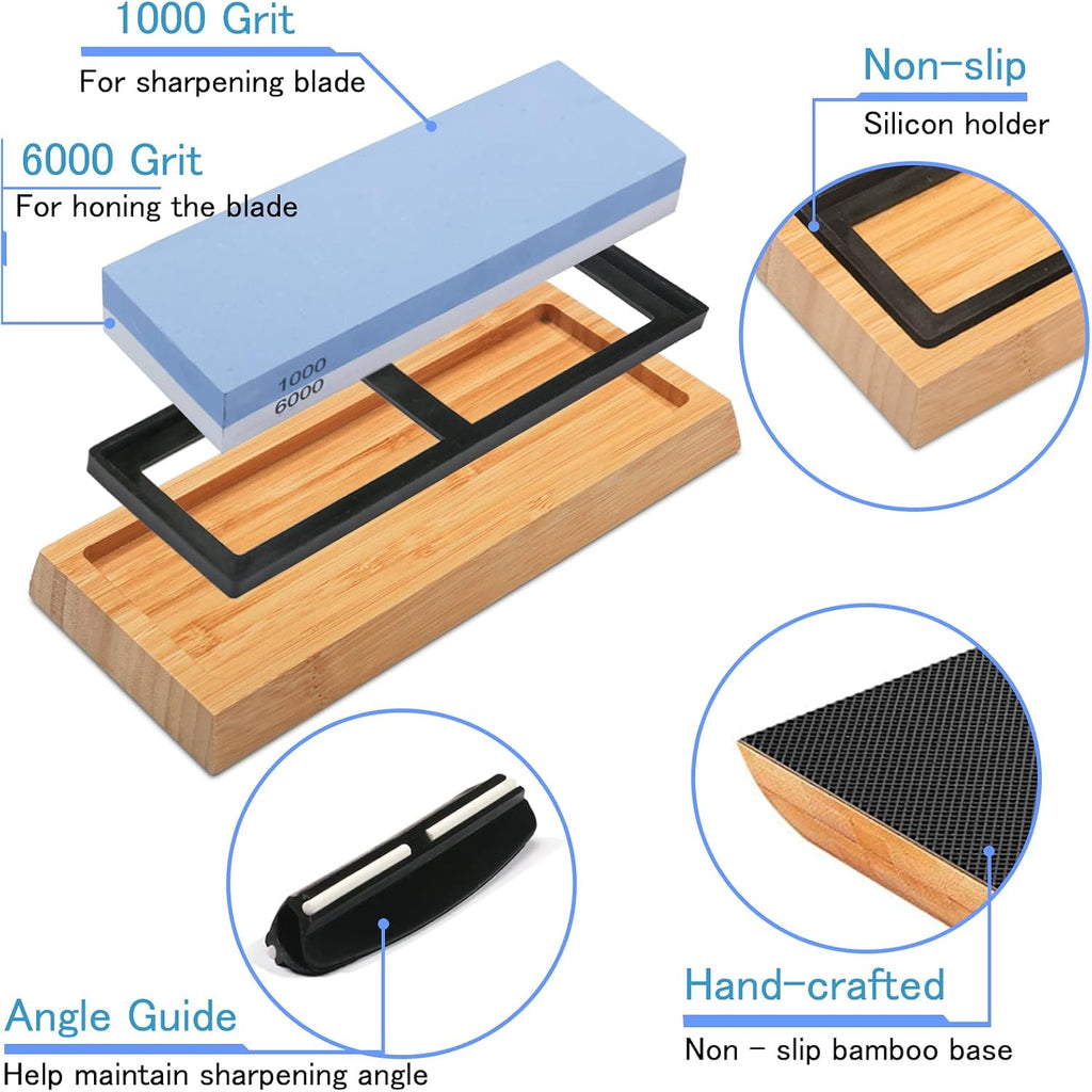 Whetstone Knife Sharpening Stone Kit - Double Sided Whetstone Knife Sharpener 1000/6000 Grit, Professional Honing